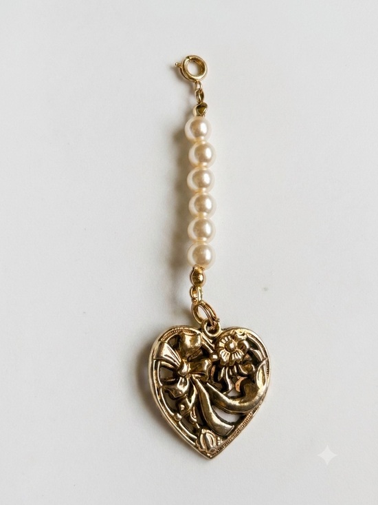 Handmade Jewelry - Vintage Gold Openwork Heart Pearl Charm Pendant Ribbon Bow Flower Upcycled